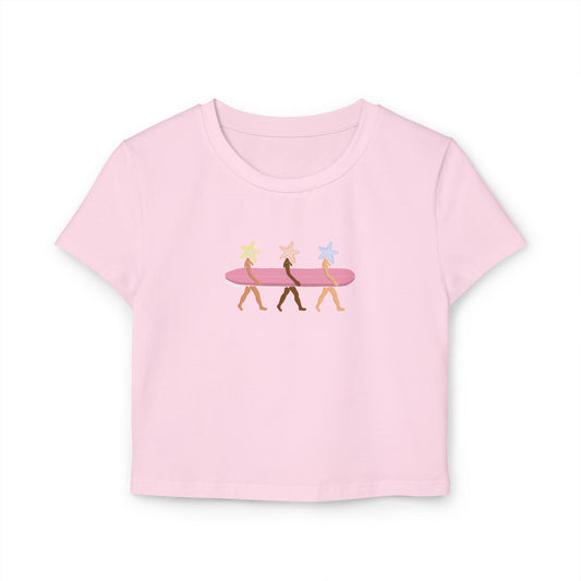 Surfing Spirit Women's Baby Tee | Cute Summer Vibes, Casual Tee, Beachwear, Gift for Surf Lovers, Nursery Style